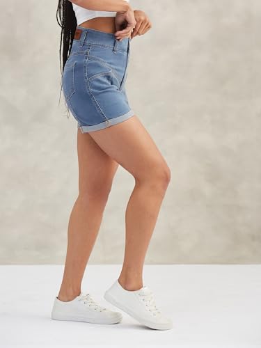 Image of Dolce Crudo Women's Relaxed Fit Mid-Rise Denim Shorts with Adjustable Waist & Frayed Hem