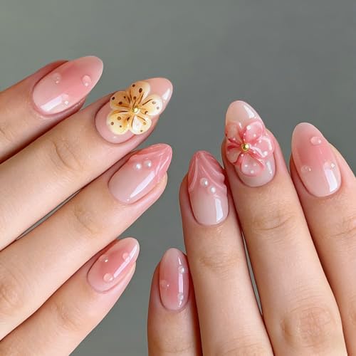 Short Almond Press on Nails Spring Fake Nails...