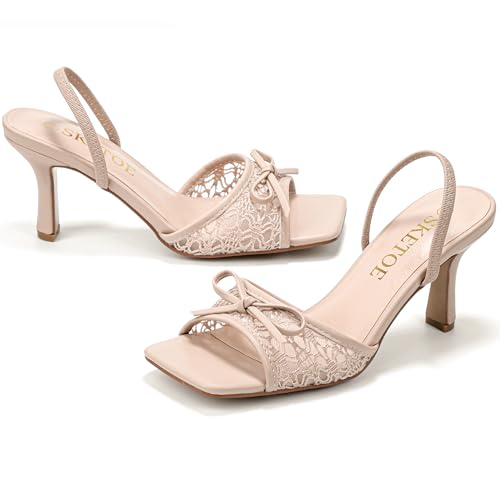 Image of Bow Kitten Heels for Women Square Toe Mesh Sandals Knots Heels for Wedding Party