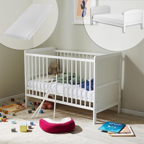 Kids Collective Lit convertible en lit bébé 60 x 120 cm avec matelas, sommier à lattes et protection anti-chute en bois massif 120 x 60 | blanc, très...