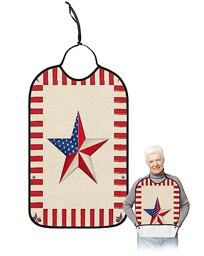 Kewadony Adult Bibs for Elderly Women - 4th of July Star Waterproof Dining Clothing Protectors with Crumb Catcher for Eating/Feeding, American Flag Star Vintage Red Striped Terry Cloth Bib Washable