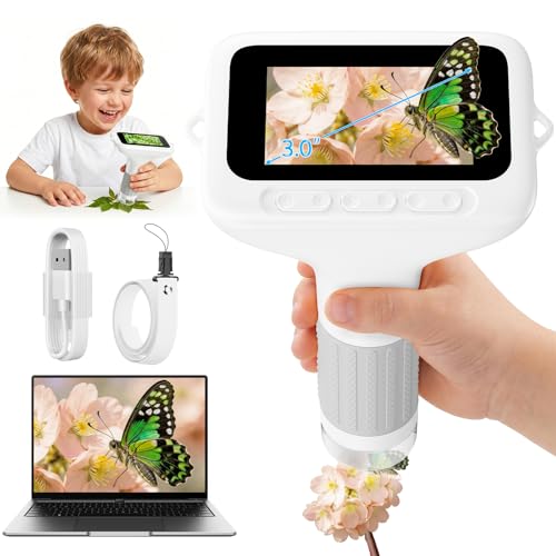 Microscope numérique enfants 1000x avec écran HD 3 pouces et connexion PC, couleur blanc