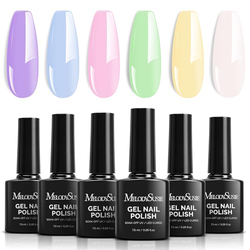 Image of MelodySusie Macaron Pastel Gel Nail Polish Set - 6 Colors Pink Yellow Blue Green Purple White Soak Off UV LED Gel Polish Gift for Women Nail Art Manicure Salon DIY Nail Design Decoration at Home