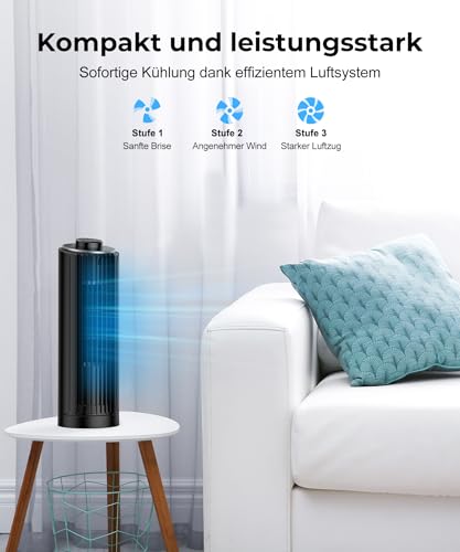 PNTCK Tischventilator Klein Turmventilator 33cm ventilator leise mit 3 Geschwindigkeiten, 70°Oszillierender, 7m/s Geschwindigkeit, turmventilator sehr leise,für Schlafzimmer, Büro, Schreibtisch, Küche