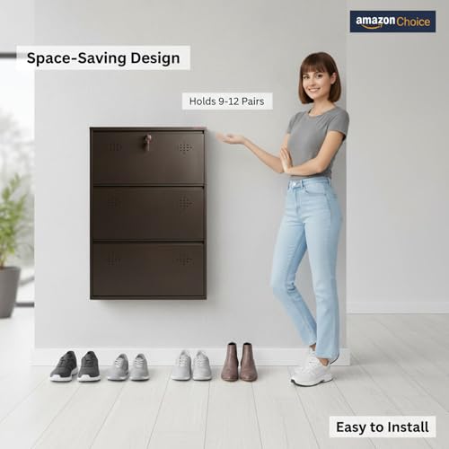 Image of 3 Door Wall Mounted Metal Shoe Rack Cabinet with Lock | Space Saving Shoe Storage Cabinet for Home, Entryway & Balcony | Dustproof Ventilated Shoe Organizer | Brown | 39 x 26 x 6 in