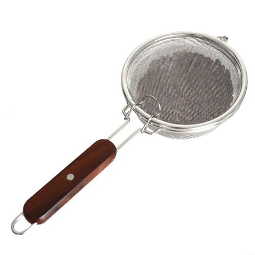 Honseadek Tostador de granos de café de acero inoxidable con mango de madera, sartén de malla portátil para el hogar, camping, capacidad de 120 g, incluso asar a gas o (100 g)