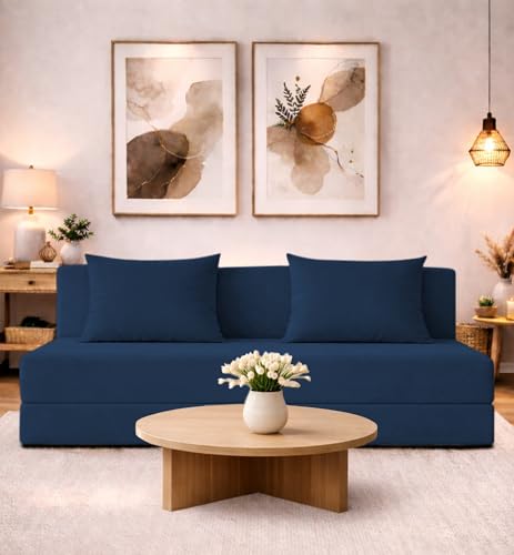 Image of Adorn India Easy 4 Seater Sofa Cum Bed | Velvet Fabric | Blue | Plain Design | 6x6 Ft | Comfortable Seating | Washable Cover | Perfect for Home & Office