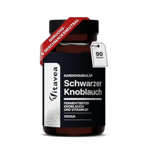 Schwarzer Knoblauch 9000 mg (30:1 Extrakt) + Vitamin B1 Hochdosiert Geruchsneutral 90 vegane Kapseln 45 Tage Vorrat - Laborgeprüft Ohne Zusatzstoffe Vitavea