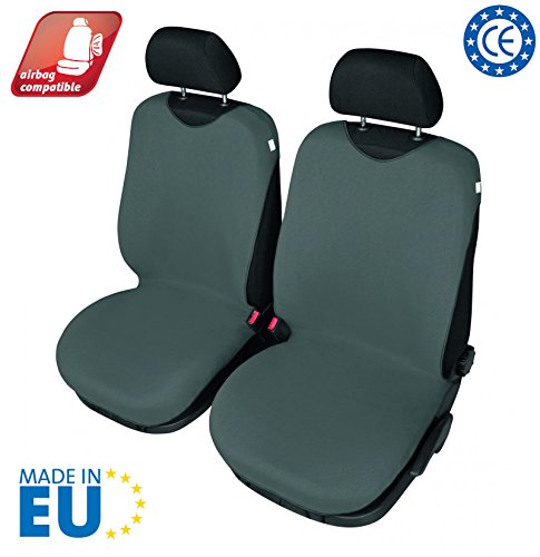 4CARS Cubierta del asiento de la camiseta universal, Juego de 2 piezas para asientos delanteros, Airbag lateral compatible (gris oscuro)