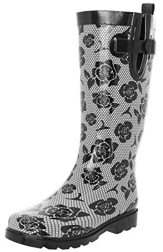 Capelli New York Ladies Shiny Tall Rubber Cozy Lined Rain Boots Lace and Rose Print Black Combo Size 72