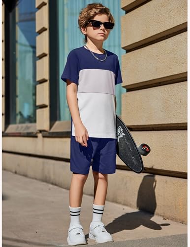 Image of Arshiner Boys' 2-Piece Cotton Outfit Color Block T-Shirt and Shorts Set Summer Camo Clothes for Kids 5-14 Years
