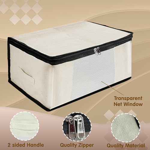 Image of Storite 3 Pack Cotton Canvas Clothes Storage Bags /Saree Bags Covers with Zip for Storage Specially Design for Woman Dresses, Sarees, Lehengas for Wardrobe Organizer (42.2cm x 36cm x 20cm) Beige