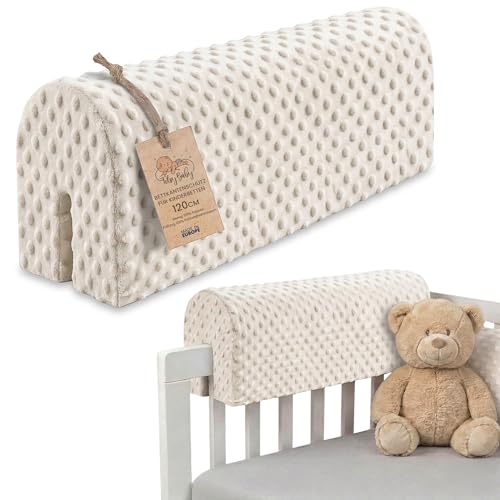 Totsy Baby Chichoneras Cuna Parachoques cunas Bebe 120 cm - Protector Anti caida y Golpe Espuma de Barrera Seguridad niños y niñas para Cama Protection de Valla y Borde Infantil Minky Beige Claro