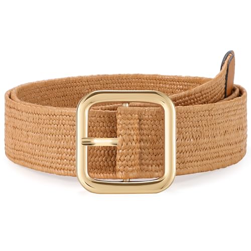 XZQTIVE Straw Woven Elastic Belt for Women Stretch Waist Belt for Dress Boho Raffia Ladies Belt with Gold/Sliver Buckle