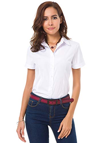 Womens Short Sleeve Button Down Shirts Official Collar Blouse Basic Simple Dress Shirt4