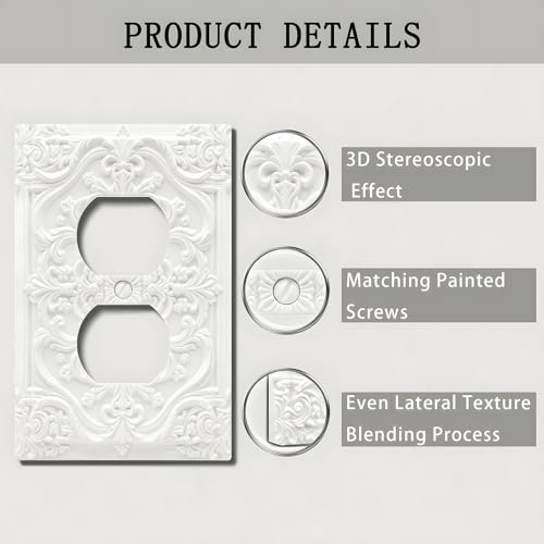 Decorative Outlet Covers Chalk White 3D Floral Embossed 1 Gang Duplex Light Switch Cover Plate Unique Wall Plate Electrical Switch Plate Covers for Bedroom Home Decor - Image 5