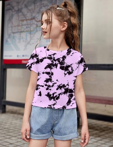 Image of Arshiner Girls Shirt Crop Tops Short Sleeve Summer Drop Shoulder Batwing Sleeve Crewneck Loose T Shirt Tee