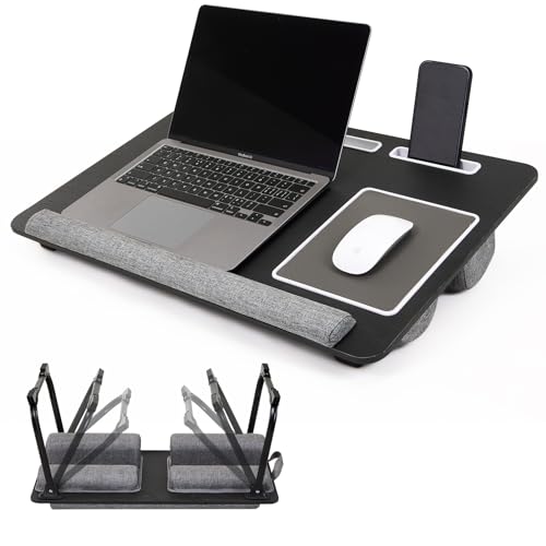 BTGGG Laptop Tray Lap Desk with Cushion & Foldable Legs, 2 in 1 Portable Bed Tray Table for Up to 17’’ Laptops, Large 40x60cm Writing Desk with Phone Holder, Built-in Mouse Pad, Wrist Rest, Black