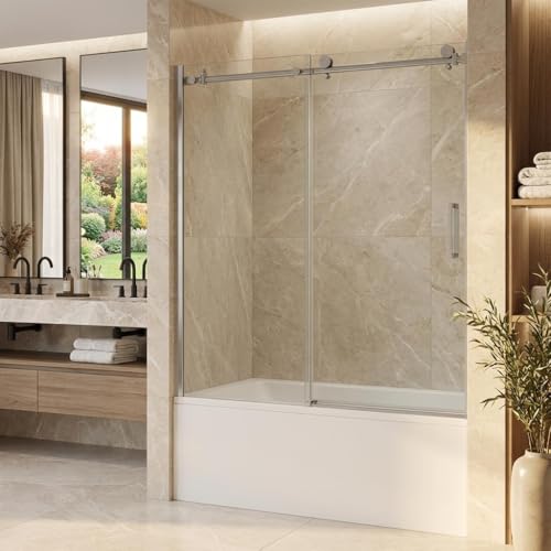 Image of 56-60 inch W x 59 inch H Frameless Sliding Shower Door, 5 /16 inch (8mm) Tempered Glass with Explosion-Proof Film, Brushed Nickel Bypass Door with Seal Strips for Walk-in Shower