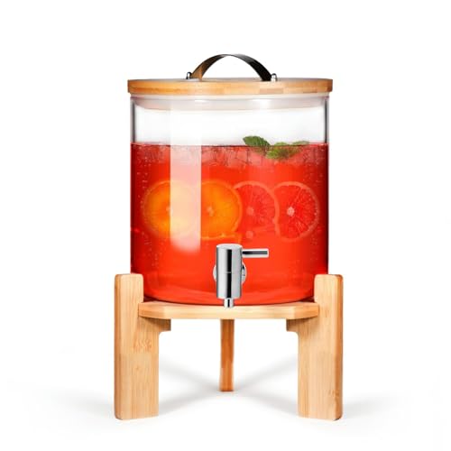 LYXXW Dispensador de Bebidas de Vidrio de 2.1 Galones para Fiestas, Máquina Grande con Grifo y Soporte, Fácil de Limpiar, Tarro de Té Helado para Bares Bodas y Reuniones,5L