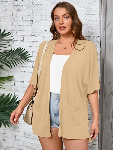 Image of AusLook Plus Size Cardigan for Women Short Sleeve Lightweight Open Front Shrug with Pockets for Dresses and Layering 1X-5X