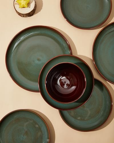 Image of Pokini Ceramic Dinner Plates Set of 6, 10inch Salad, Dessert Plates Dishes | Reactive Glaze Stoneware Dish Set, Dinner Plate for Dessert, Salad, Appetizer, Microwave & Dishwasher Safe, Scratch Resistant