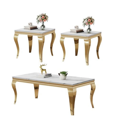 Image of Luxury Coffee Table Set of 3, White Gold Coffee Table with End Table Sets, Modern 3 Piece Living Room Table Set with Faux Marble Top & Stainless Steel S Legs for Apartment Home Office