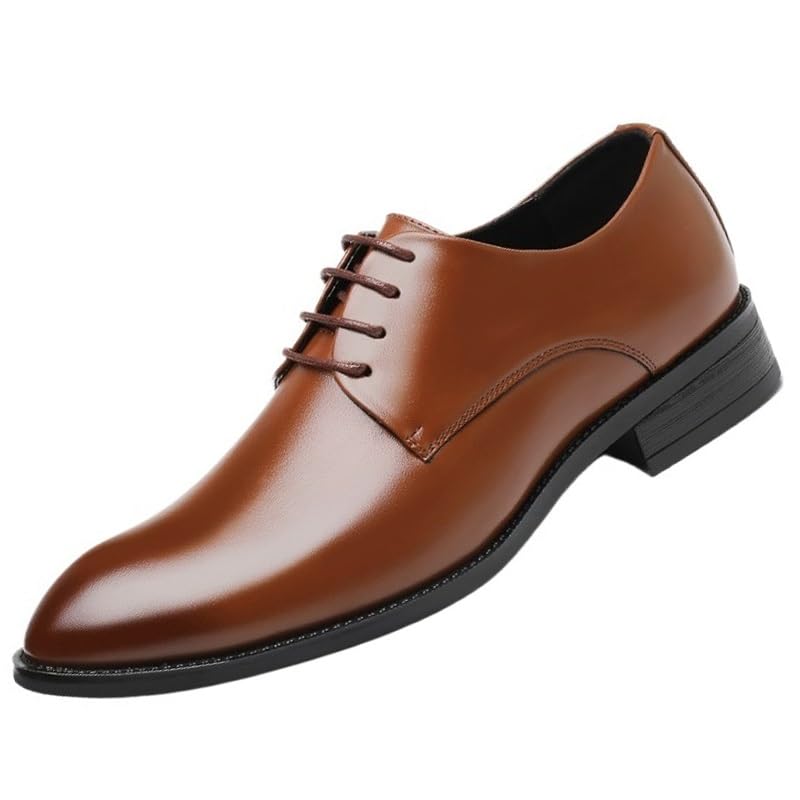 Men's Shiny Patent Leather Dress Shoes Hand Stitched Business Formal Derby Shoes Mens Breathable Comfortable Business Lace Up Oxford Shoes(Brown,7.5)