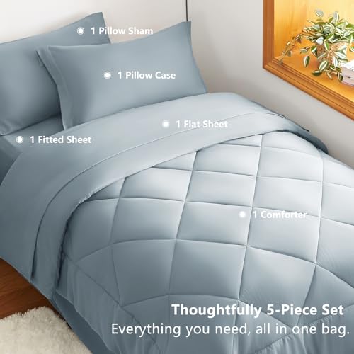 Image of CozyLux Twin Comforter Set with Sheets Dusty Blue - 5 Pieces Bed in a Bag Twin, All Season Bed Set for Girls and Boys, Bedding Set with Down Alternative Comforter, Sheets, Pillowcase & Sham