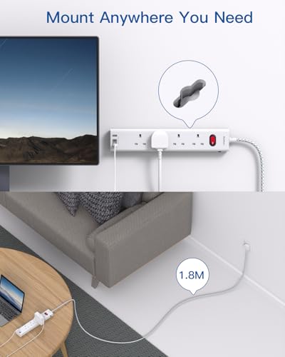 Extension Lead with 3 USB Slots(2 USB C), 4 Way Plug Extension Socket, 1.8M Wall Mount Socket Extension Cable, Multiplug Power Strip for Home, Office, School Supplies - Image 4