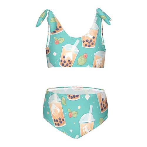 KLL Bubble Tea Pattern Girls Two Piece Bikini Sets Quick-Dry Swimming Swimwear Swimsuit