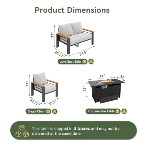 Image of Aoxun Patio Furniture Set, Aluminum Patio Set with Fire Pit Table and 5 inch Thicken & Washable Cushion, Waterproof Outdoor Furniture, Outdoor Couch Sectional for Backyard (4 Seats /F, Grey)