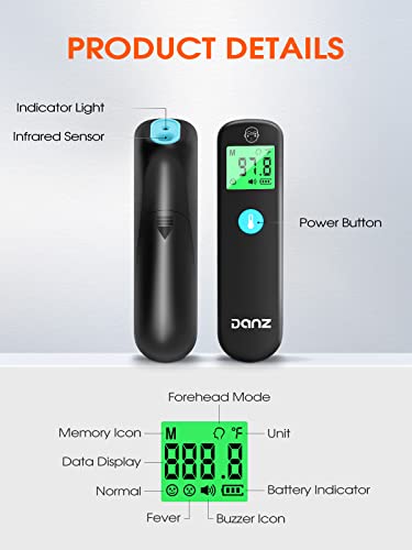 Danz No-Touch Thermometer For Adults, Forehead Digital Thermometer With 3-Color Lcd Screen, Infrared Thermometer With Indicator Light, 1 Second Fast Reading, Fever Alarm For Home, Office, Hospital #TOP5