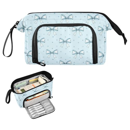 Image of Blue Ribbon Bow Pencil Case Pouch Big Capacity Pencil Bag Box Organizer Pen Case with Handle Stationery Organizer for Kids Boys Girls College