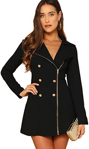 Romwe Women's Long Sleeve Zipper Up Button Front Elegant Solid Blazer Mini Dress Black Large