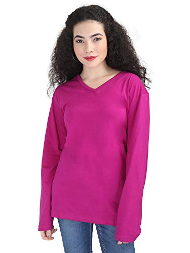 Image of FLEXIMAA Women's Cotton Plain V Neck Full Sleeve T-Shirt