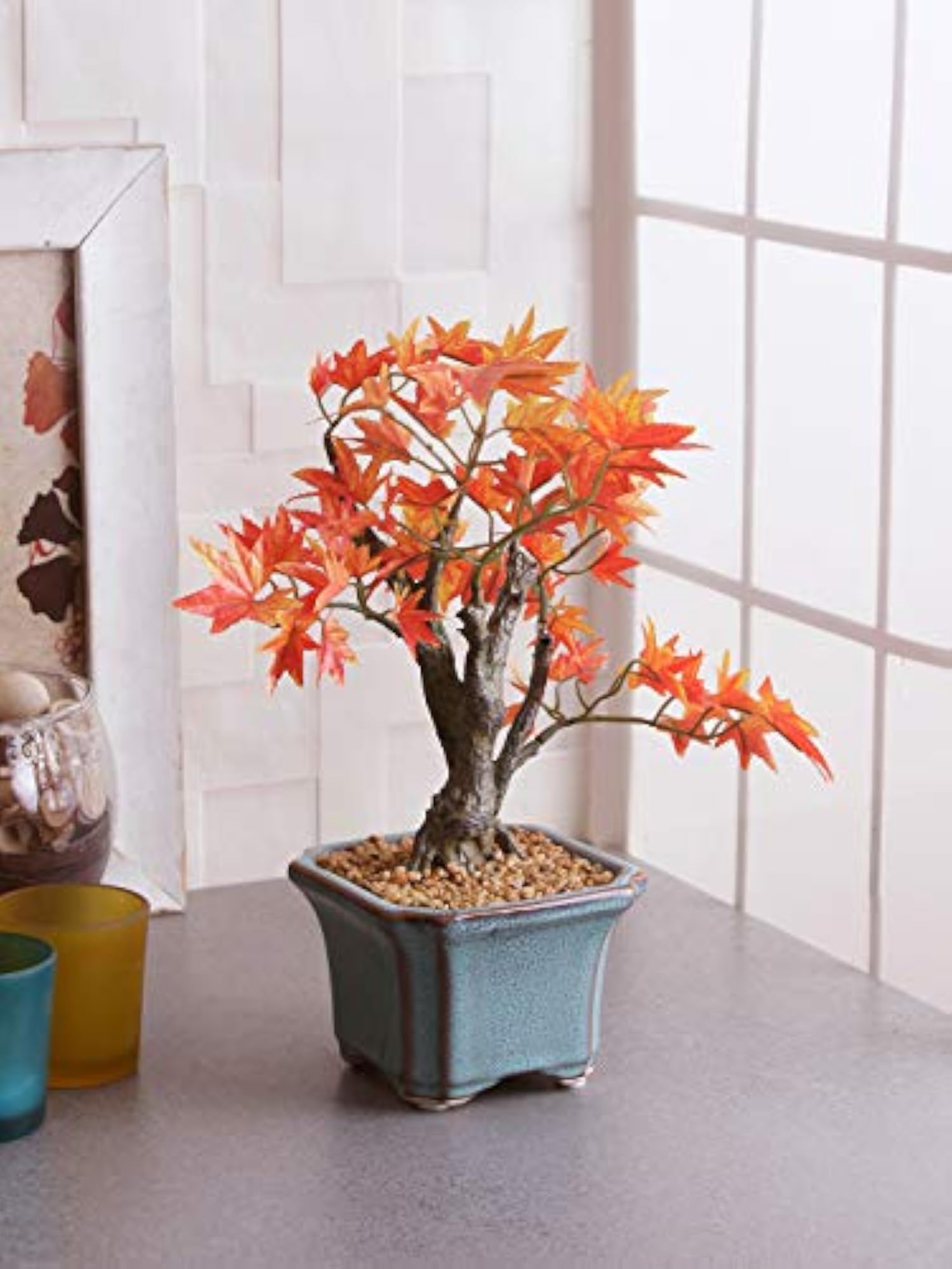 Artificial Japanese Maple Bonsai Plant in a Ceramic Vase for Home and Office Décor