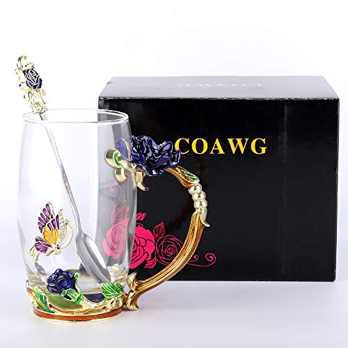 Coawg 330Ml Tea Cup Glass Coffee Mugs, Handmade Rose Flower Butterfly Tea Mug With Spoon Gift For Birthday Wedding Christmas #TOP3