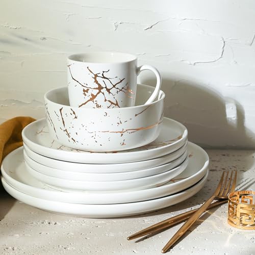 Image of Stone Lain Porcelain 16 Piece Dinnerware set, 4 Full White Gold Splash Sets