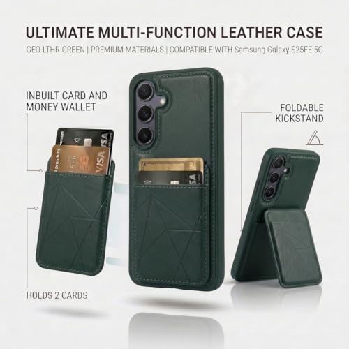 Image of amazon basics Premium Vegan Leather Back Cover with Card Holder and Integrated Mobile Stand for Samsung Galaxy S25FE 5G - Slim Shockproof Wallet Case with Geometric Stitching [Green]