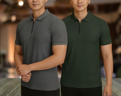 Image of MACK JONNEY Men's Cotton Self Design Polo T-Shirts | Front Half Zipper | Pack of 2 | Multicolour