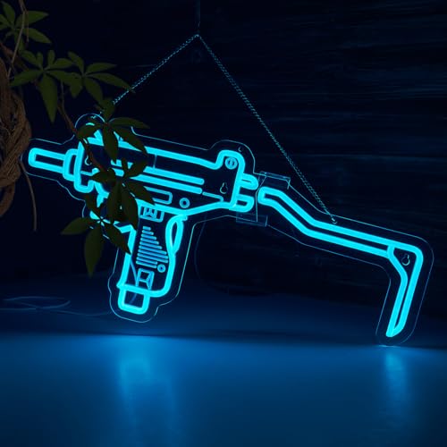 Image of Gun Neon Sign UZI Sign for Wall Decor Large Size(23.4x11.2 Inch) Smart plug timer compatible USB Powered Man Cave Bedroom Decor