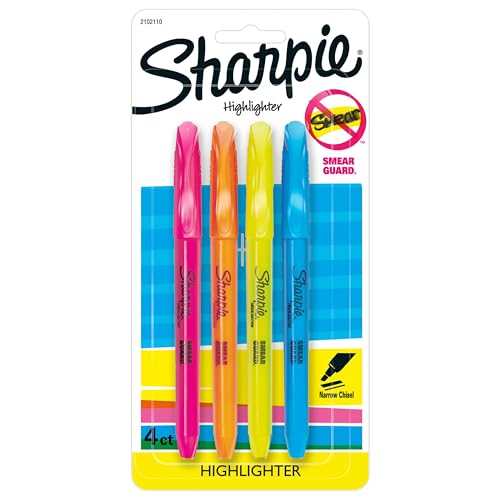 Sharpie - Sharpie Pocket Highlighters, Narrow Chisel Tip, Assorted Colours, 4 Count