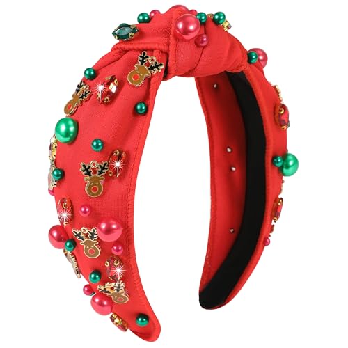 Gmmidea Christmas Reindeer Antler Headbands for Women Girls Red Green Pearl Xmas Knotted Headband Glitter Rhinestone Bejeweled Holiday Headpiece Christmas Party Accessories Gifts