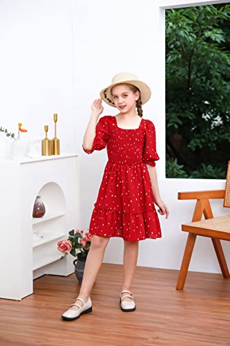 Girls Dress Sweet & Cute Puff Sleeve Square Neck Ruffle Whimsy Polka Dot Ruffle Swing Dress 5-14(9-10 Years)2