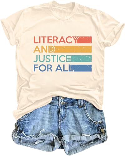Reading Shirts for Women Cute Book Lover Gift Teacher T Shirt Literacy Education Letter Print Tee Tops Apricot