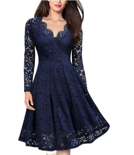 WEITING Vestido de Fiesta cóctel de Fiesta, Manga Larga, Cuello en V, Fino y Elegante, de Encaje, para Mujer-Azul Marino-S