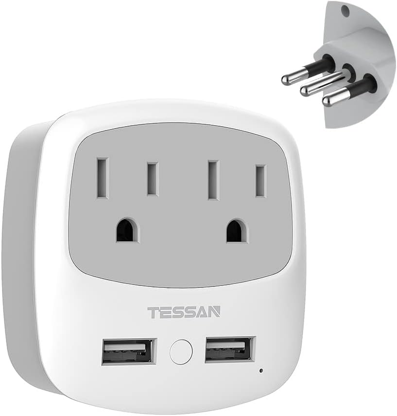 TESSAN Italy Travel Plug Adapter, Type L Power Adapter with 2 USB Charger Ports 2 American Outlets, Italian Adaptor for US to Italian Chile Rome Florence Ethiopia Lybia Syria Tunisia Uruguay