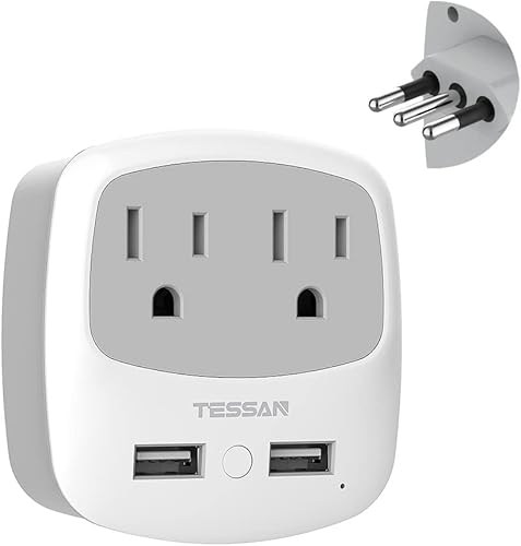 Adaptador de enchufe de viaje para Italia, convertidor de corriente tipo L TESSAN con 2 puertos de cargador USB, 2 salidas americanas, adaptador