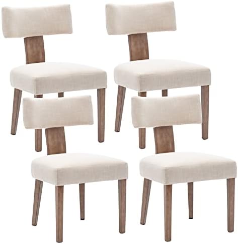 HNY Mid Century Modern Dining Chairs Set of 4, Farmhouse Linen Fabric Upholstered Accent Chair Curved Backrest Kitchen Chairs, with Hardwood Frame, Beige